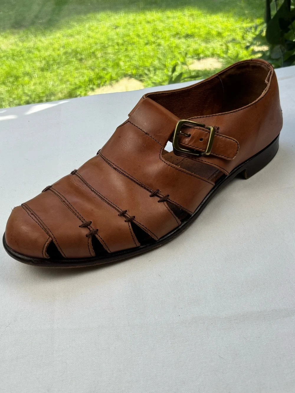Bass Muzi Loafers British Tan Men’s Size 12 Leather Monk Strap Sandals w/Buckle